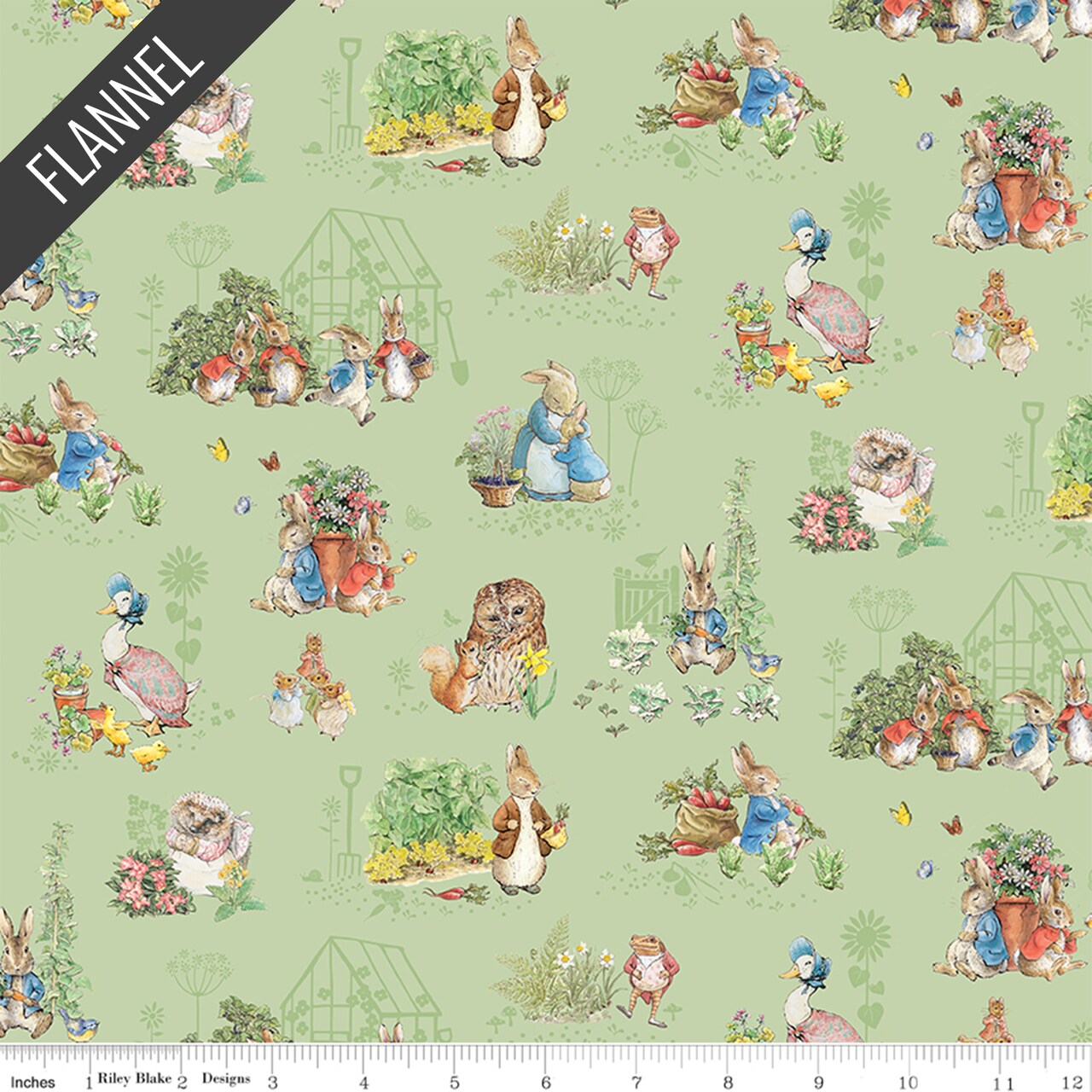 Peter Rabbit and Friends Characters Flannel in Fern (f16789-fern) | Designer Flannel | Riley Blake Designs | Riley Blake